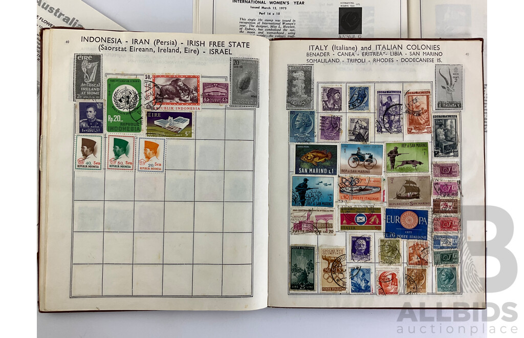 Four Albums of Vintage International Glued Cancelled Stamps Including Germany, United Kingdom, Australia, Dutch Colonies, Italy, Malaya, China and More