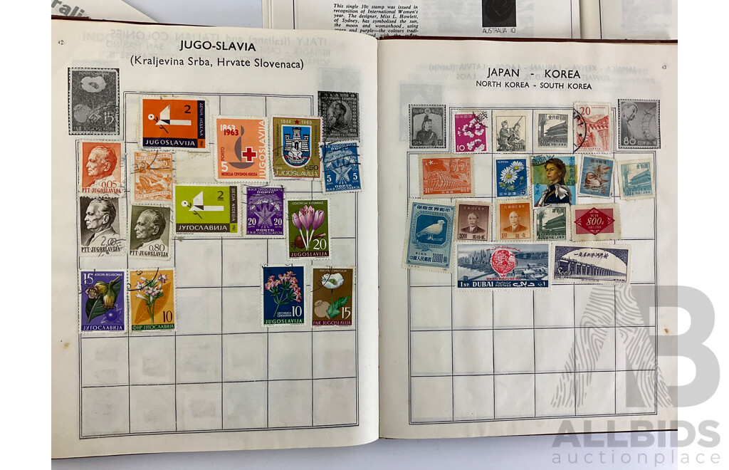 Four Albums of Vintage International Glued Cancelled Stamps Including Germany, United Kingdom, Australia, Dutch Colonies, Italy, Malaya, China and More