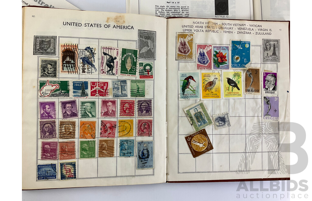 Four Albums of Vintage International Glued Cancelled Stamps Including Germany, United Kingdom, Australia, Dutch Colonies, Italy, Malaya, China and More