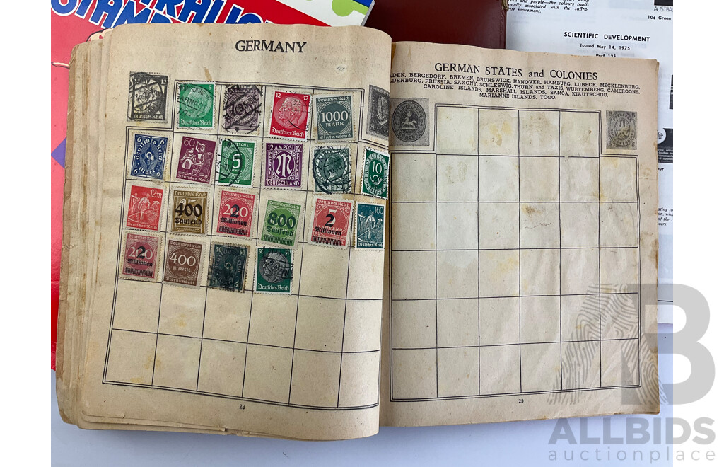 Four Albums of Vintage International Glued Cancelled Stamps Including Germany, United Kingdom, Australia, Dutch Colonies, Italy, Malaya, China and More