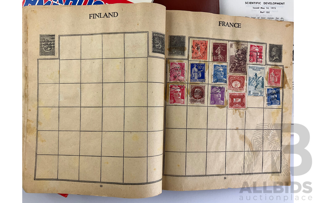 Four Albums of Vintage International Glued Cancelled Stamps Including Germany, United Kingdom, Australia, Dutch Colonies, Italy, Malaya, China and More