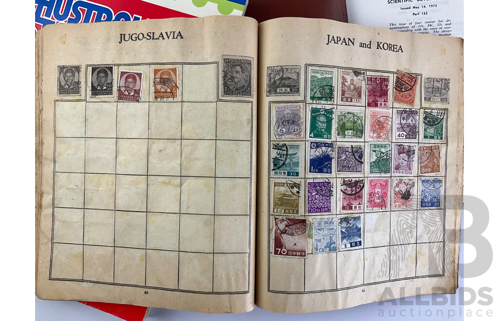 Four Albums of Vintage International Glued Cancelled Stamps Including Germany, United Kingdom, Australia, Dutch Colonies, Italy, Malaya, China and More