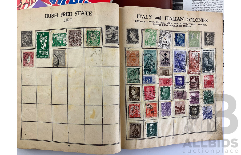 Four Albums of Vintage International Glued Cancelled Stamps Including Germany, United Kingdom, Australia, Dutch Colonies, Italy, Malaya, China and More