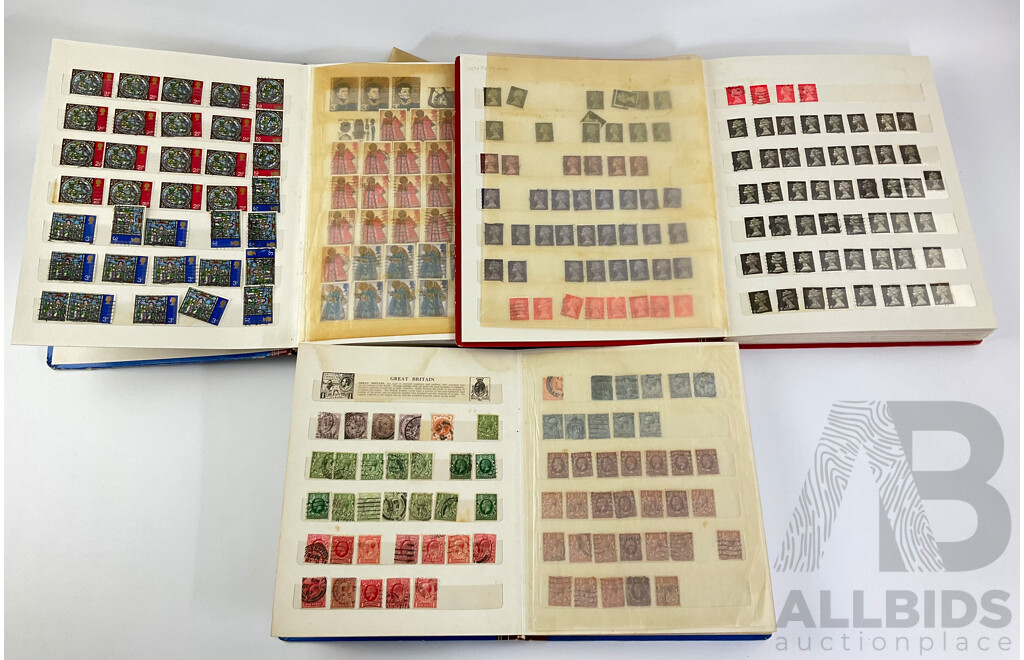 Three Albums of Cancelled United Kingdom Stamps Pre Decimal/Decimal Including QV, KGV, KGVI, QE2, Christmas, Many Multiples