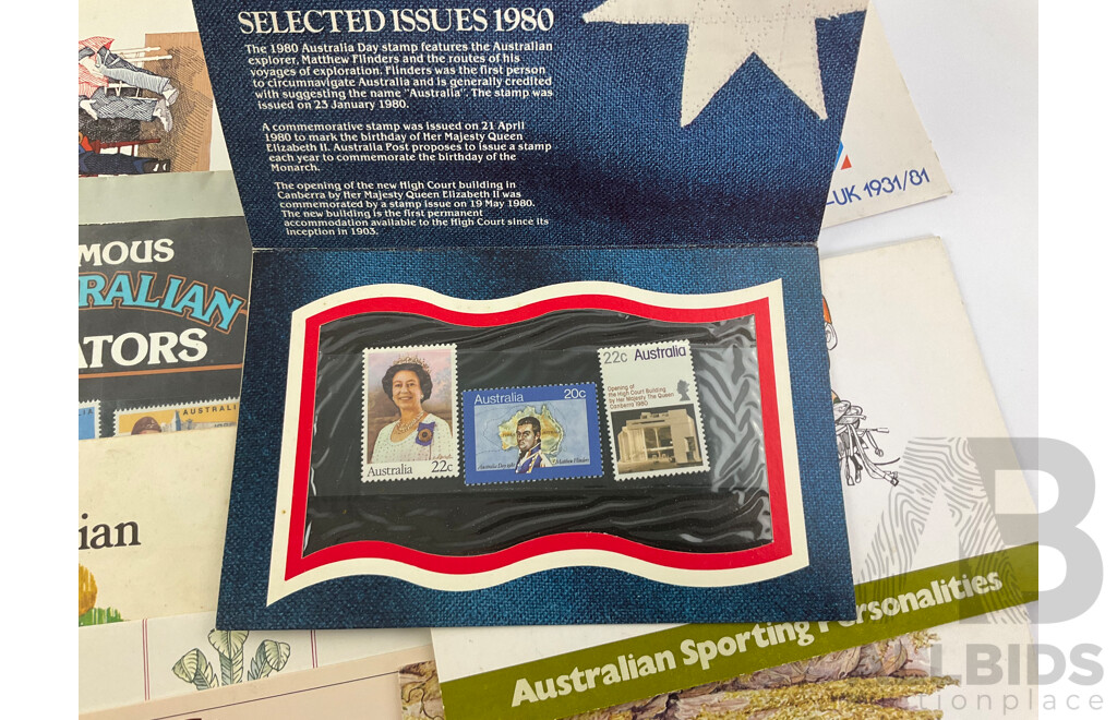 Assortment of Australian Late 1970's Early 1980's Stamp Packs Including Selected Issues, Christmas, Stamp Week, Steam Locomotives, Australian Aircraft and More