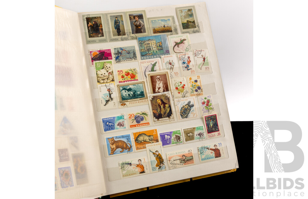 Album of International Vintage Stamps Including USSR, Central Africa, Romania, Liberia with Two Vintage Empty Albums