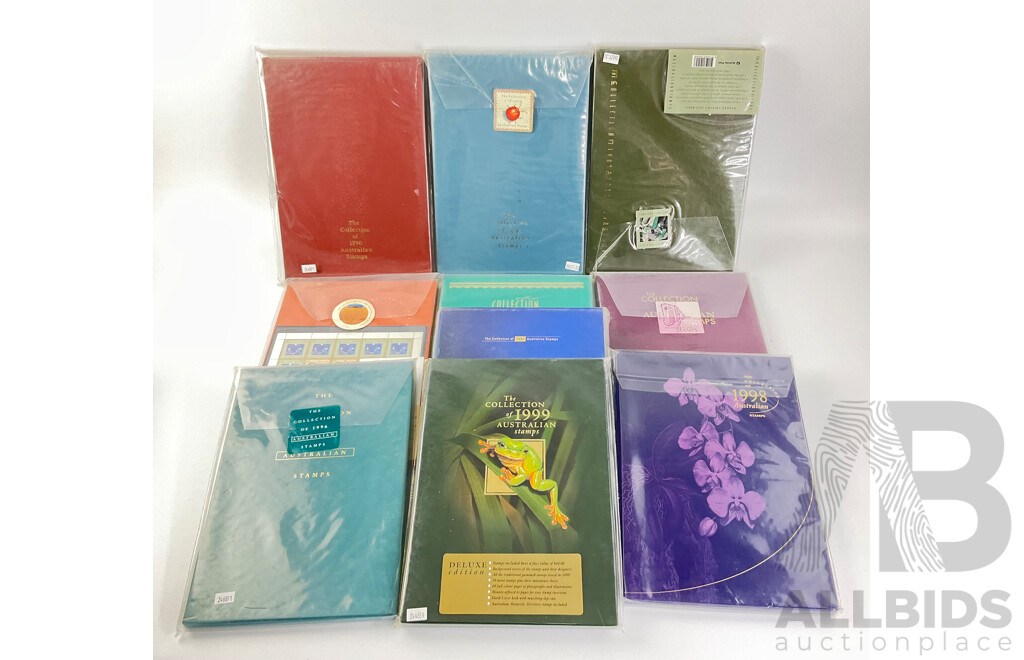 Australian 'The Collection' Annual Stamp Albums, Consecutive 1990 - 1999 - Face Value $417