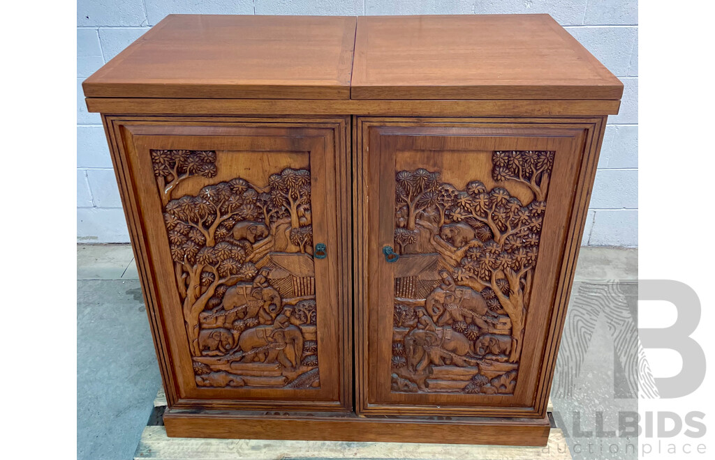 Mid Century Carved Teak Bar Cabinet