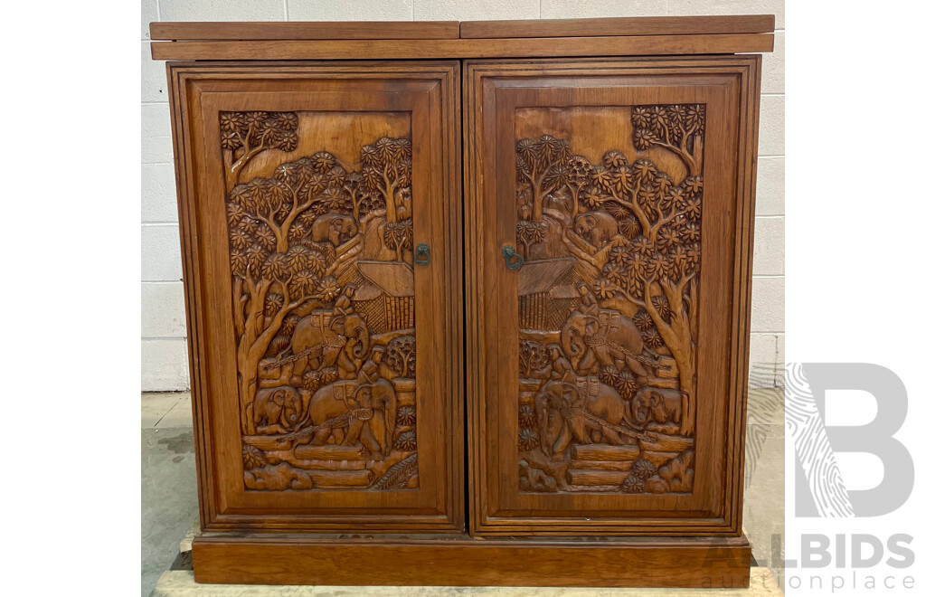 Mid Century Carved Teak Bar Cabinet