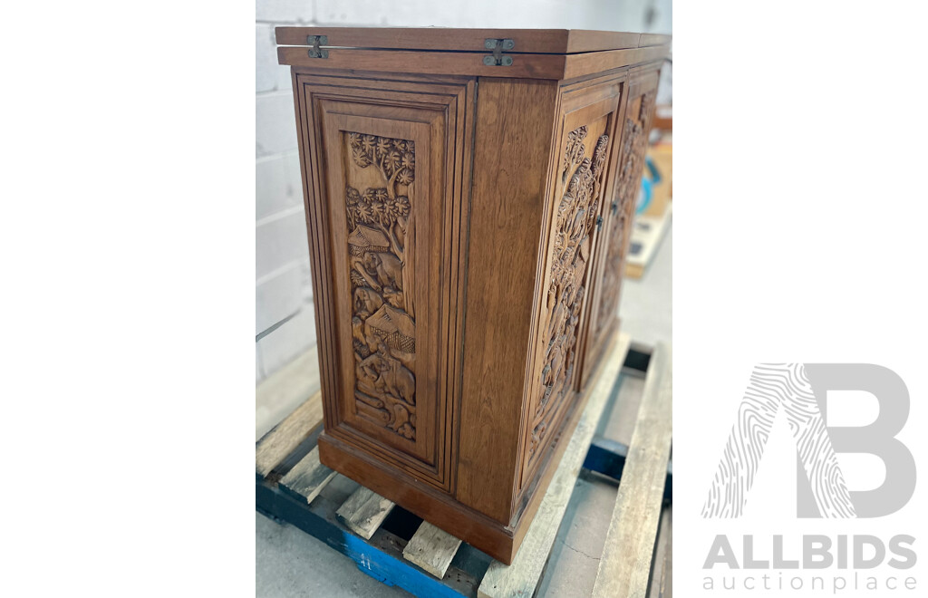 Mid Century Carved Teak Bar Cabinet