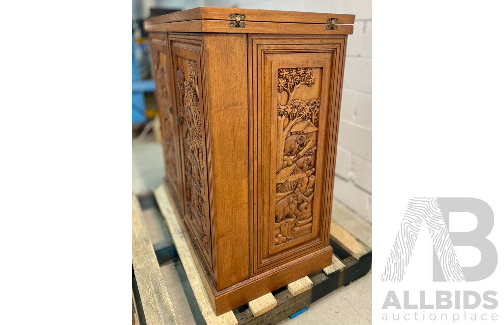 Mid Century Carved Teak Bar Cabinet