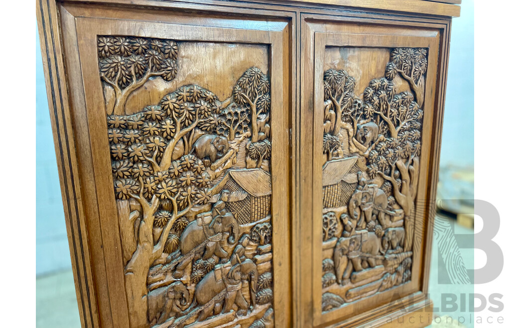 Mid Century Carved Teak Bar Cabinet