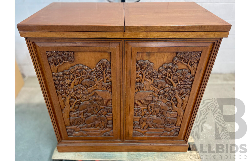 Mid Century Carved Teak Bar Cabinet