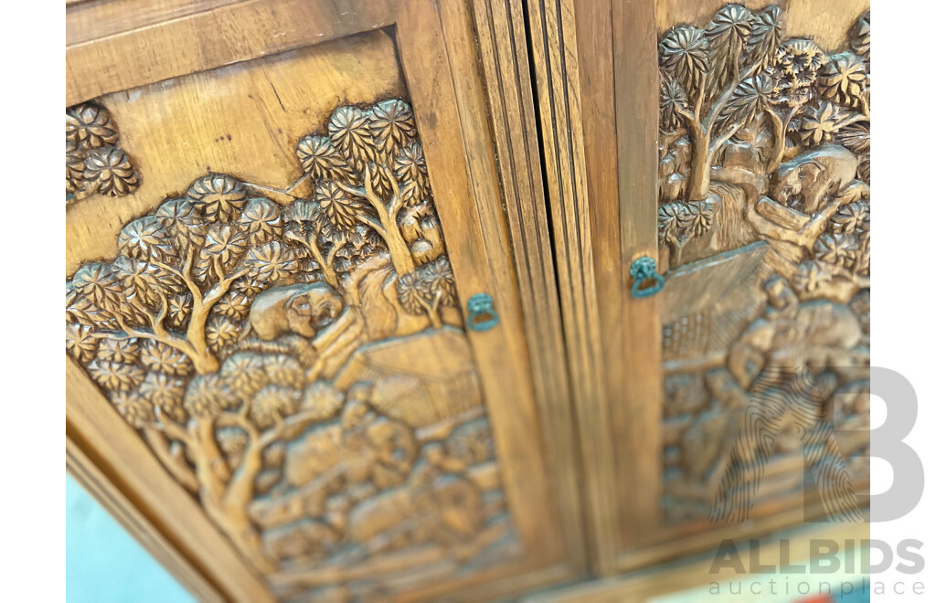 Mid Century Carved Teak Bar Cabinet