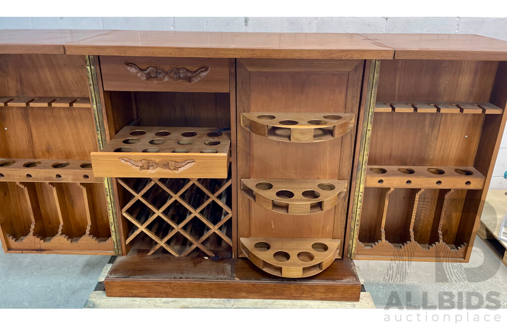 Mid Century Carved Teak Bar Cabinet