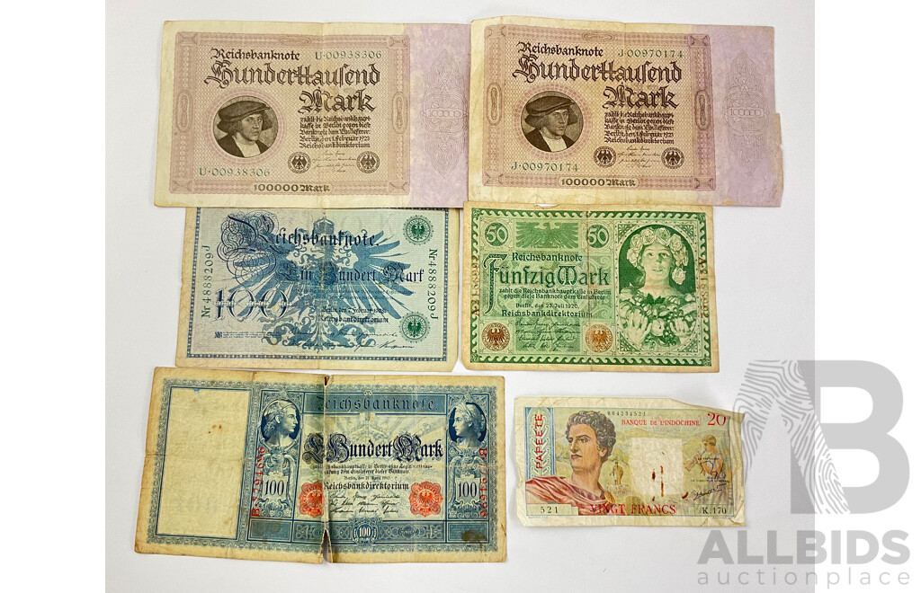 Collection of German Antique Banknotes, 1908, 1910, 1920,1923 with New Caledonia Twenty Francs