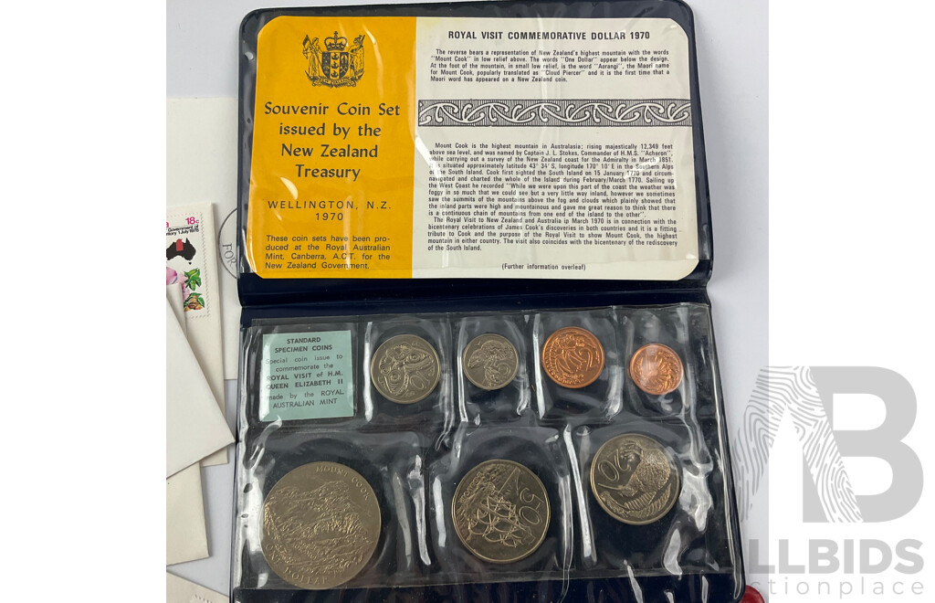 Collection of PNG, Australia First Day Covers with New Zealand RAM 1969, 1970 and PNG 1975 UNC Coin Sets