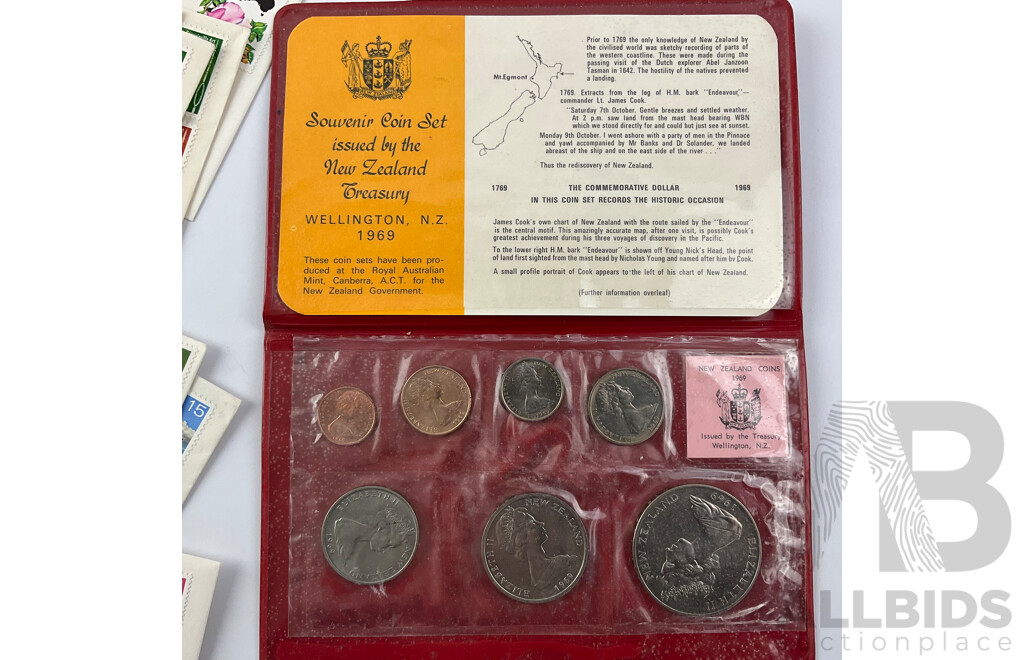 Collection of PNG, Australia First Day Covers with New Zealand RAM 1969, 1970 and PNG 1975 UNC Coin Sets