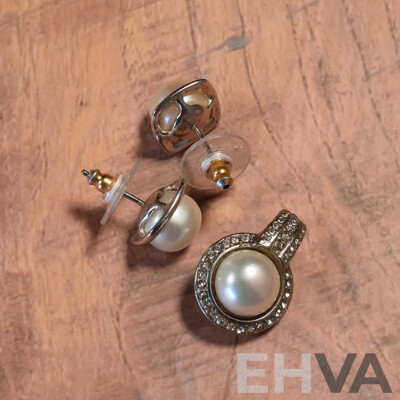 Sterling Silver Cultured Pearl Enhancer Pendant and Earrings Set, 8.48 Grams