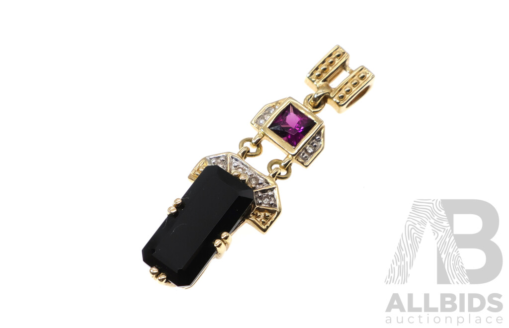 9ct Yellow Gold Drop Slider Pendant with Dark Sapphire, Rhodolite and Diamonds, TDW 0.06ct, 4.53 Grams