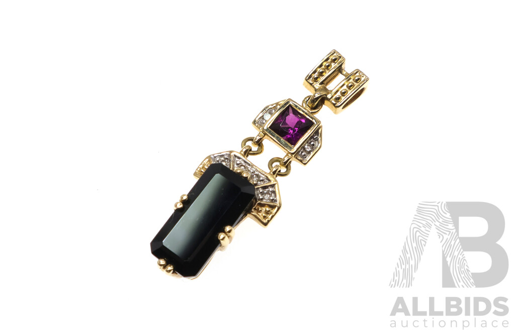 9ct Yellow Gold Drop Slider Pendant with Dark Sapphire, Rhodolite and Diamonds, TDW 0.06ct, 4.53 Grams