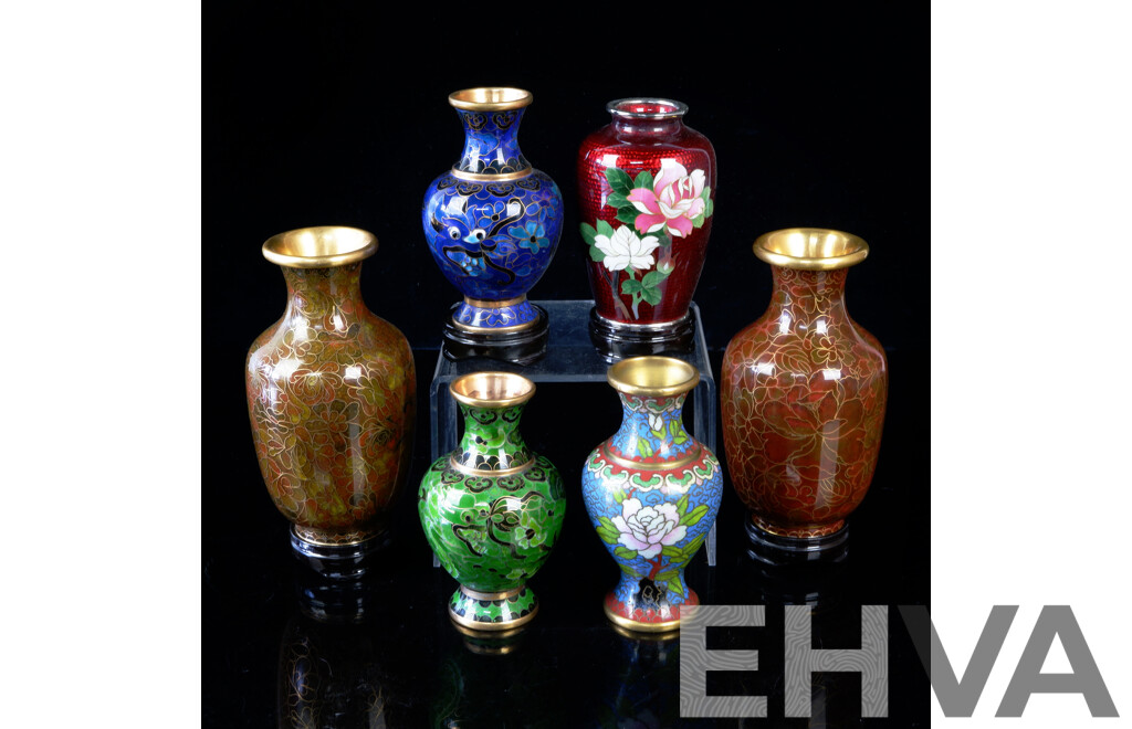 Collection Six Chinese Cloisonne Vases Four with Stands