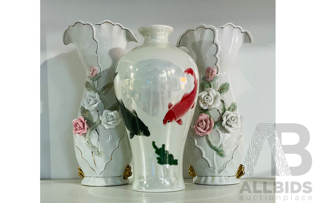 Three Asian Ceramic  Vases, Two with Applied Flower Examples