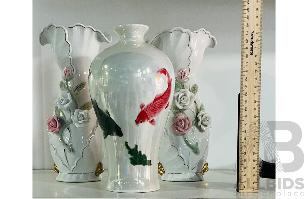 Three Asian Ceramic  Vases, Two with Applied Flower Examples