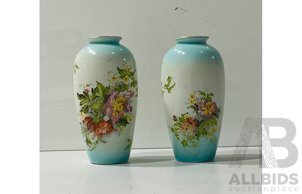 Pair Transfer Painted English Porcelain Vases by Bursley Crown Pottery