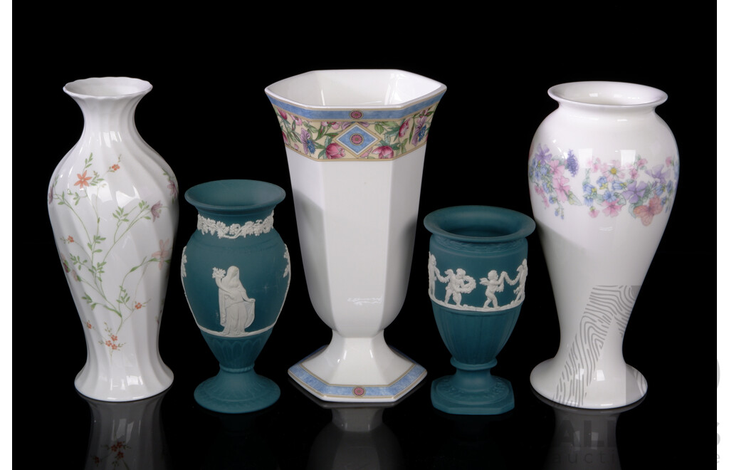 Collection Five Wedgwood Porcelain Vases Including Emerald Green Jasperware Examples and More