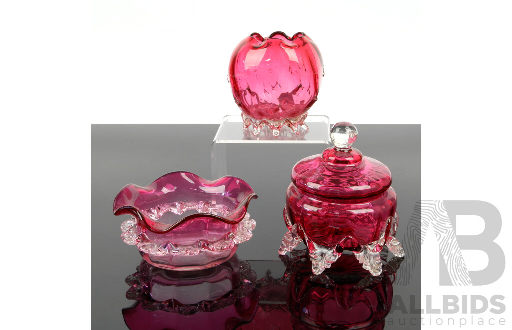 Set Three Cranberry Glass Pieces Including Lidded Dish and More