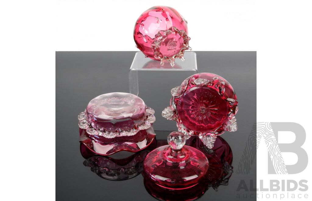 Set Three Cranberry Glass Pieces Including Lidded Dish and More