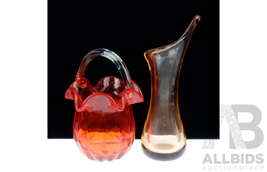 Burnt Orange Art Glass Basket Form Dish Along with Another Heavy Art Glass Vase