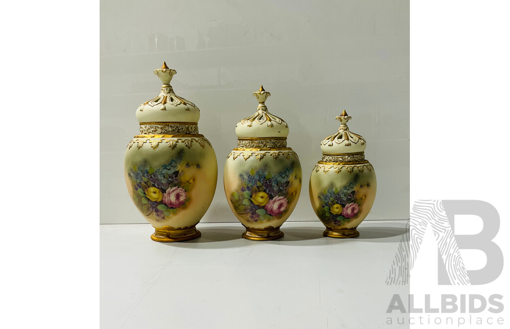 Set Three Graduating Ceramic Lidded Incense Jars with Decorative Pierced Second Lid