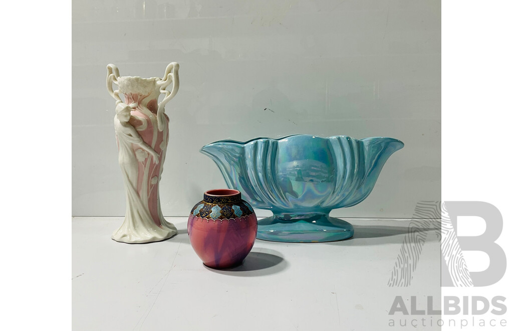 Ceramic Art Nouveau Style Pink Vase, Mantle Vase with Pearlescent Finish Along with Glass Vase with Hand Decorated Detail