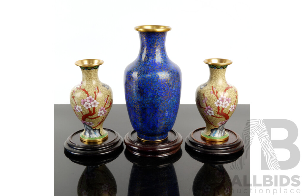 Pair Chinese Cloisonne Vases Along with Larger Example, All with Wooden Stands