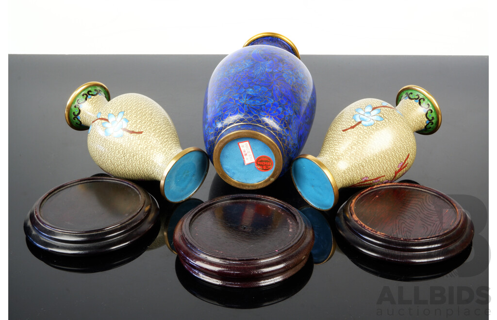 Pair Chinese Cloisonne Vases Along with Larger Example, All with Wooden Stands