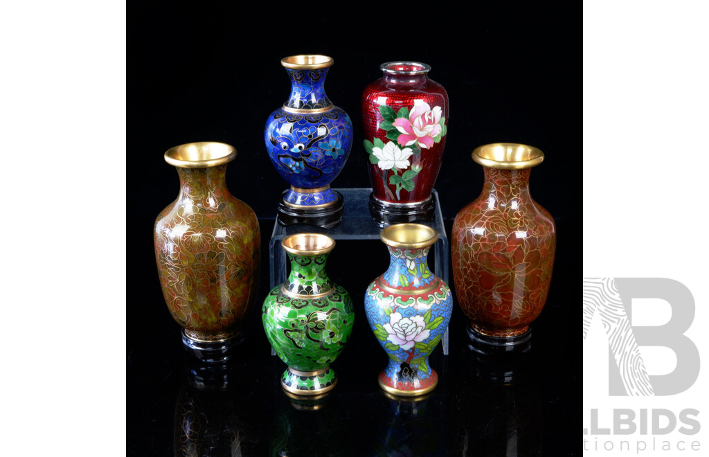 Collection Six Chinese Cloisonne Vases Four with Stands