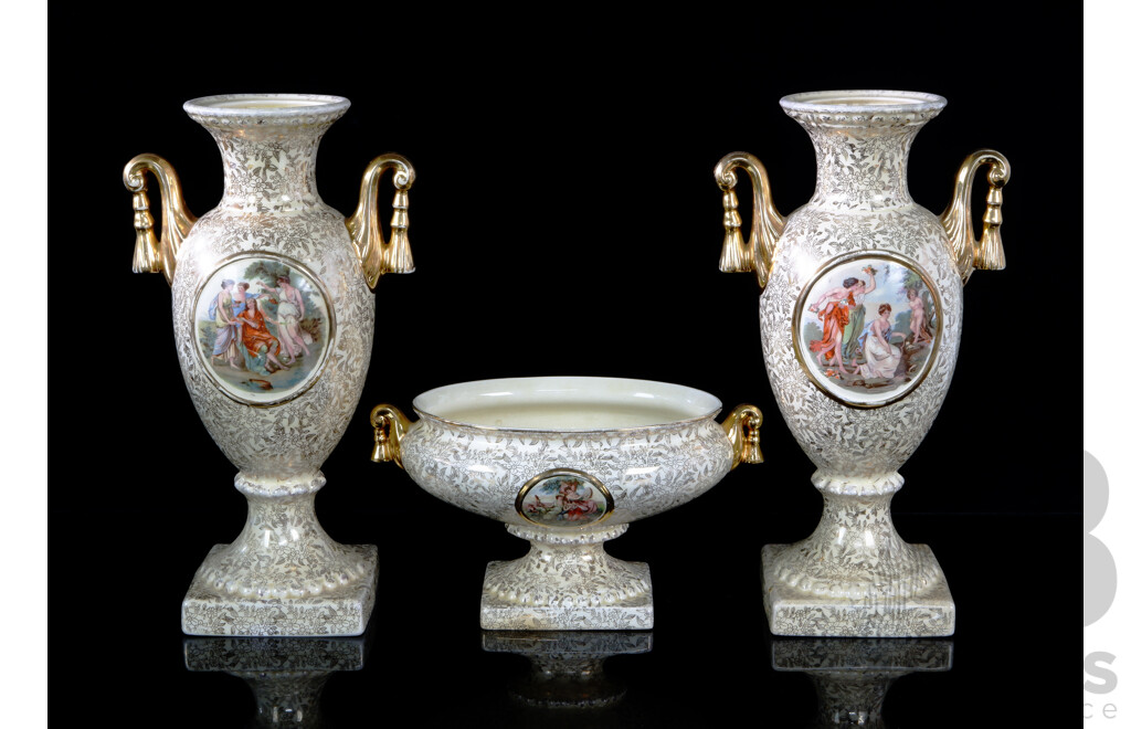 Three Antique Empire Porcelain Items Comprising Pair Neo Classical Style Mantle Vases with Centerpiece