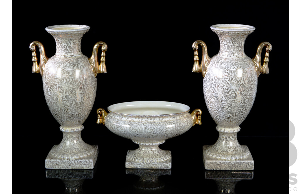 Three Antique Empire Porcelain Items Comprising Pair Neo Classical Style Mantle Vases with Centerpiece