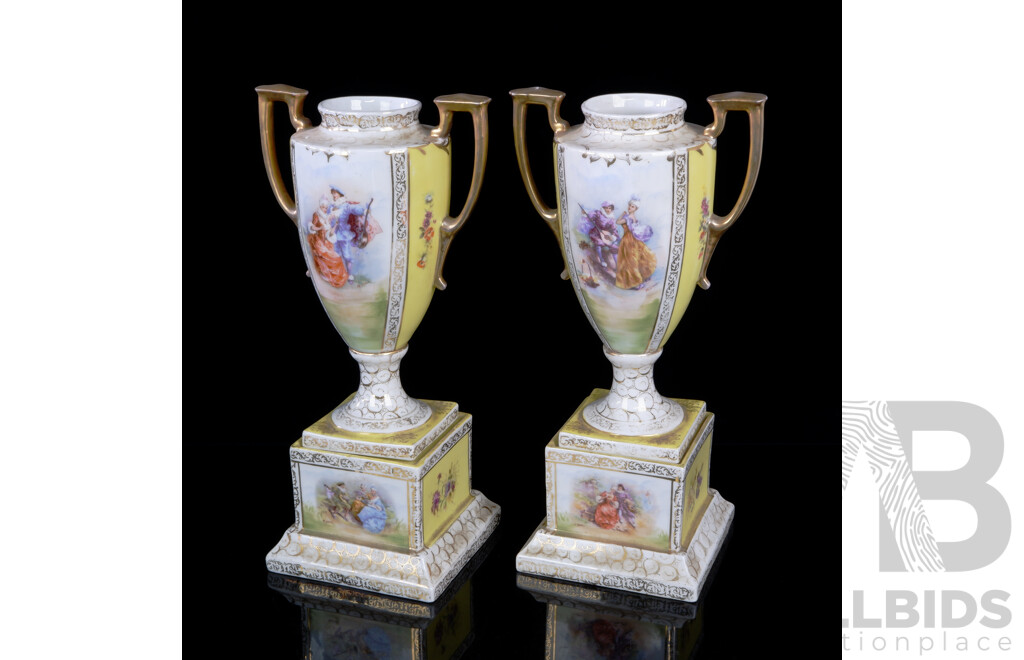 Pair English Porcelain Mantle Vases on Plinths in Neoclassical Style