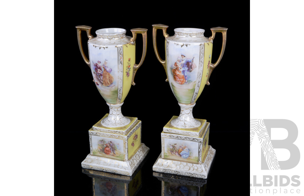 Pair English Porcelain Mantle Vases on Plinths in Neoclassical Style