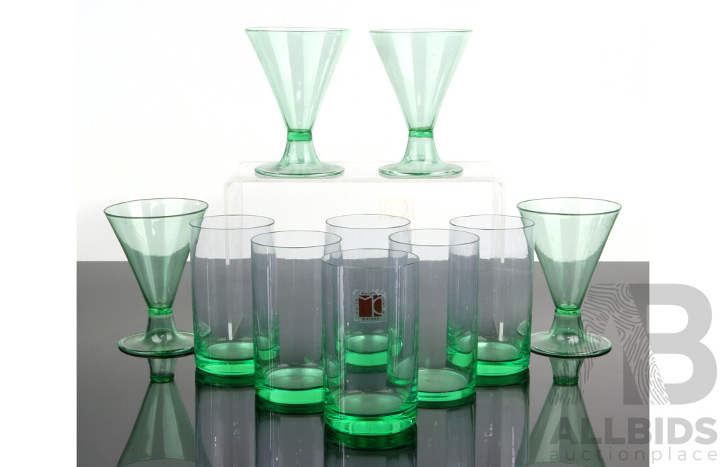 Set Six Italian Murano Green Glass Tumblers with Original Labels Along with Set Four Other Green Glasses