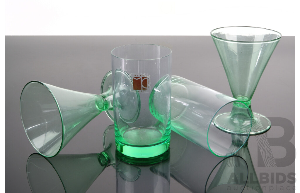 Set Six Italian Murano Green Glass Tumblers with Original Labels Along with Set Four Other Green Glasses