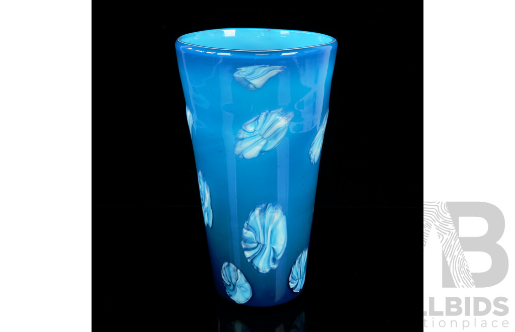 Large Hand Made Art Glass Vase with Blue Swirl Decoration