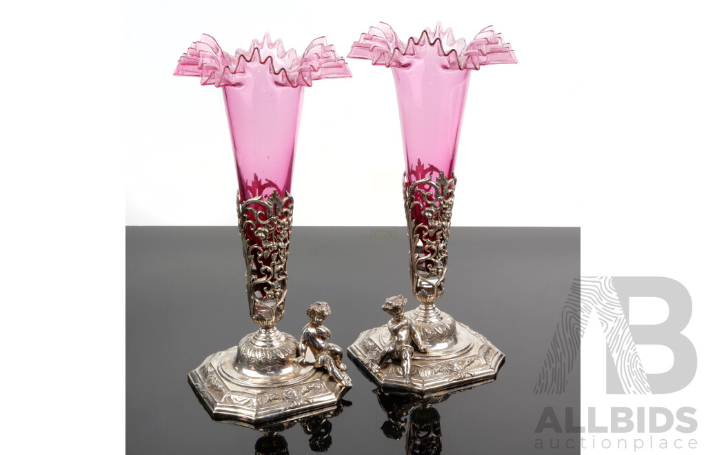 Pair Silver Plate Epergnes with Cherubim Theme and Ruby Glass Trumpets with Ruffled Rim, Sheffield