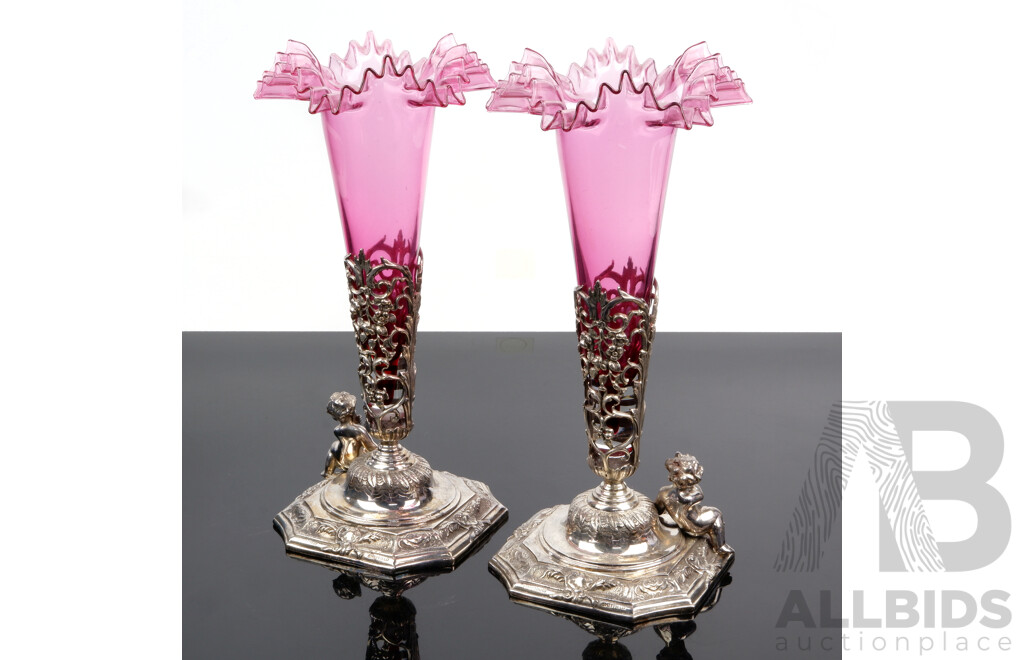 Pair Silver Plate Epergnes with Cherubim Theme and Ruby Glass Trumpets with Ruffled Rim, Sheffield