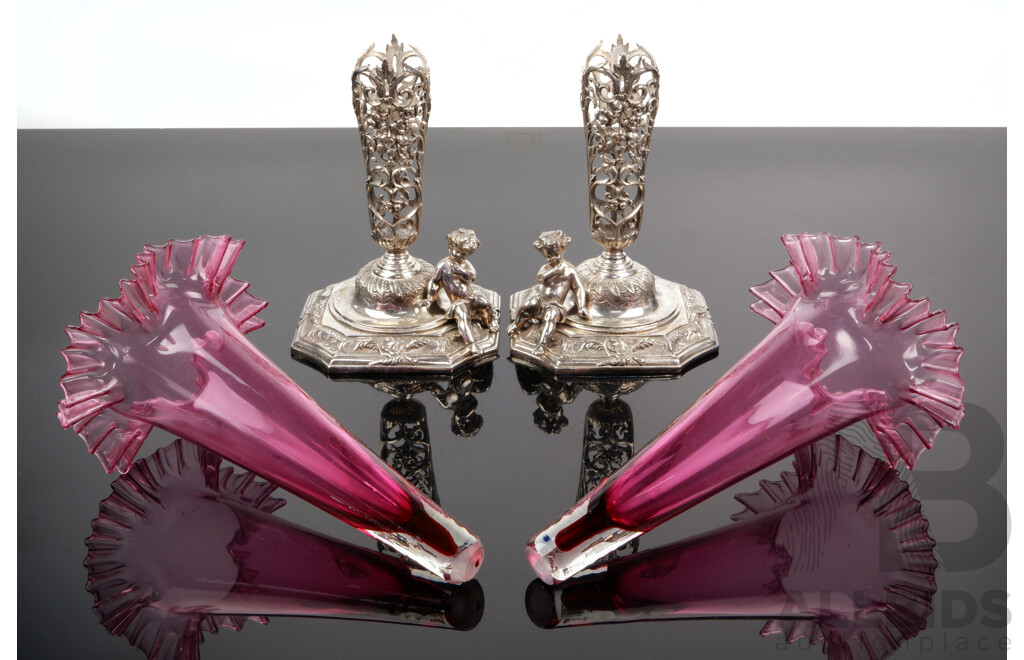 Pair Silver Plate Epergnes with Cherubim Theme and Ruby Glass Trumpets with Ruffled Rim, Sheffield