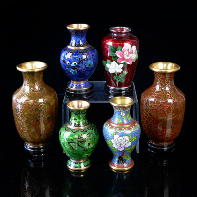 Collection Six Chinese Cloisonne Vases Four with Stands