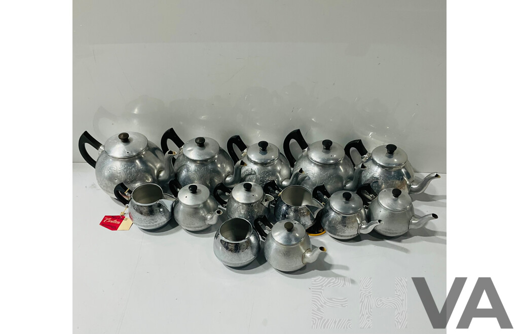 Large Collection of Vintage Chromium Plated Swan Teapots and Creamers in the Carlton Design